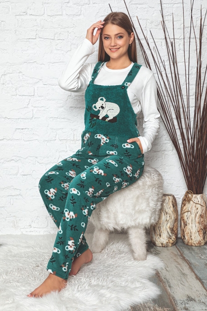 Koala Desenli Kadın Polar Peluş Tulum Pijama Takımı - 2