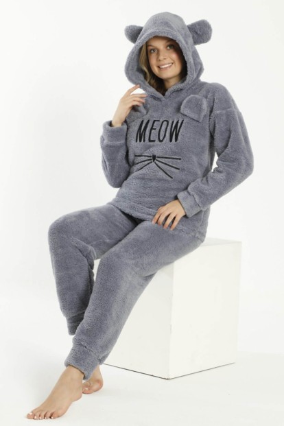 Koyu Gri Meow Desenli Tam Peluş Pijama Takımı - Pijamaevi