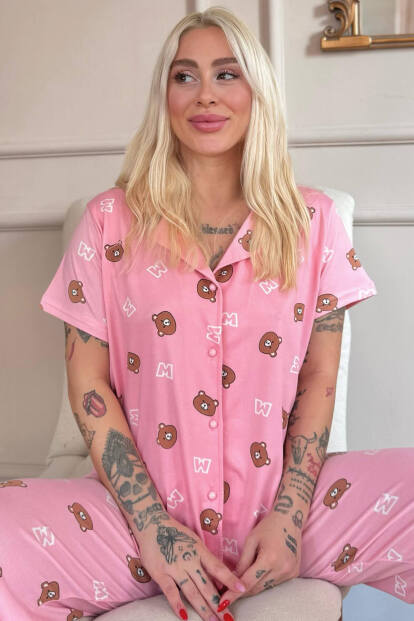 Koyu Pembe Bear Charm Desenli Bambu Önden Düğmeli Kısa Kol Pijama Takımı 