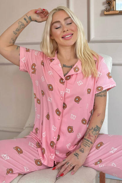 Koyu Pembe Bear Charm Desenli Bambu Önden Düğmeli Kısa Kol Pijama Takımı - 2
