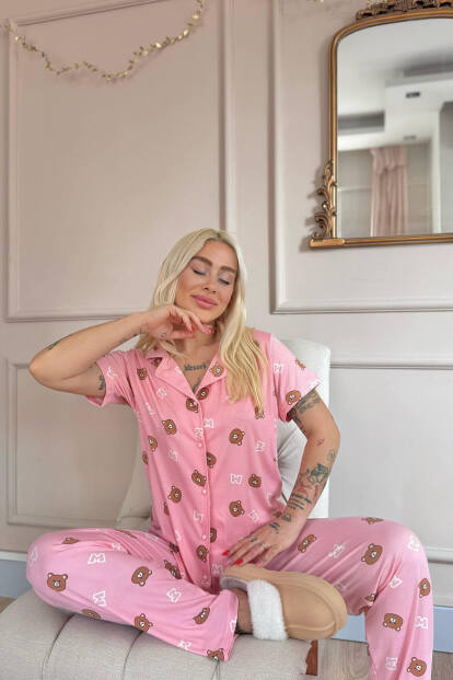 Koyu Pembe Bear Charm Desenli Bambu Önden Düğmeli Kısa Kol Pijama Takımı - 3