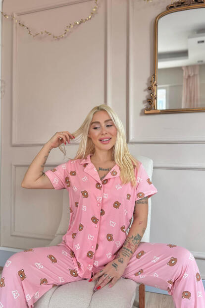 Koyu Pembe Bear Charm Desenli Bambu Önden Düğmeli Kısa Kol Pijama Takımı - 4