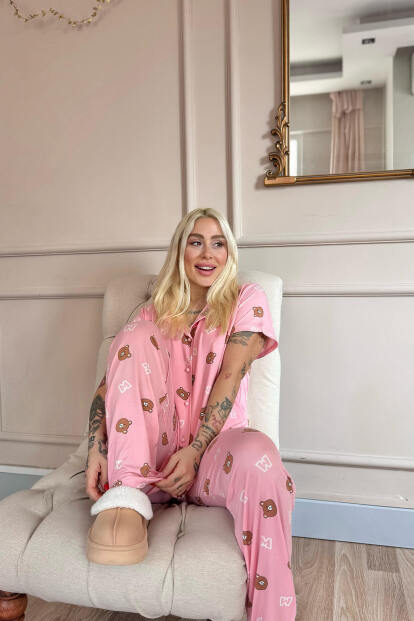 Koyu Pembe Bear Charm Desenli Bambu Önden Düğmeli Kısa Kol Pijama Takımı - 5