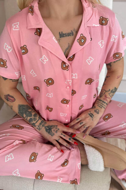 Koyu Pembe Bear Charm Desenli Bambu Önden Düğmeli Kısa Kol Pijama Takımı - 6