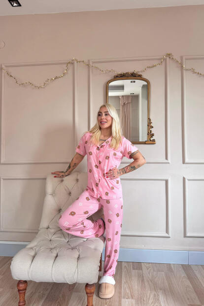 Koyu Pembe Bear Charm Desenli Bambu Önden Düğmeli Kısa Kol Pijama Takımı - 7