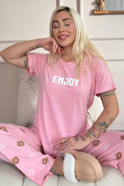 Koyu Pembe Enjoy Desenli Bambu Kısa Kol Kadın Pijama Takımı - 1