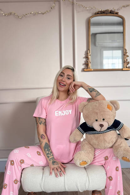 Koyu Pembe Enjoy Desenli Bambu Kısa Kol Kadın Pijama Takımı - 2