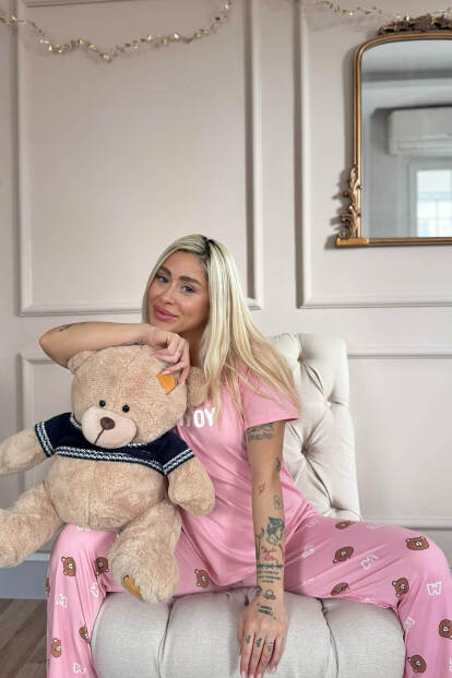 Koyu Pembe Enjoy Desenli Bambu Kısa Kol Kadın Pijama Takımı - 3