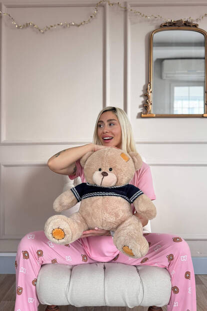 Koyu Pembe Enjoy Desenli Bambu Kısa Kol Kadın Pijama Takımı - 4