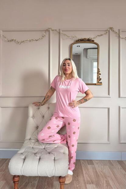 Koyu Pembe Enjoy Desenli Bambu Kısa Kol Kadın Pijama Takımı - 5