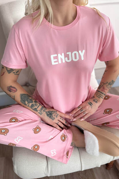 Koyu Pembe Enjoy Desenli Bambu Kısa Kol Kadın Pijama Takımı - 6