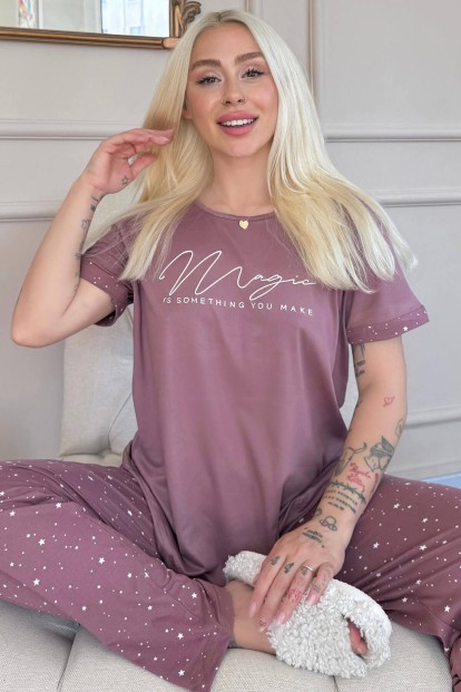 Koyu Pembe Magic Desenli Bambu Kısa Kol Kadın Pijama Takımı 
