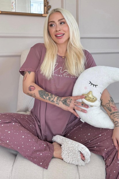 Koyu Pembe Magic Desenli Bambu Kısa Kol Kadın Pijama Takımı - 2