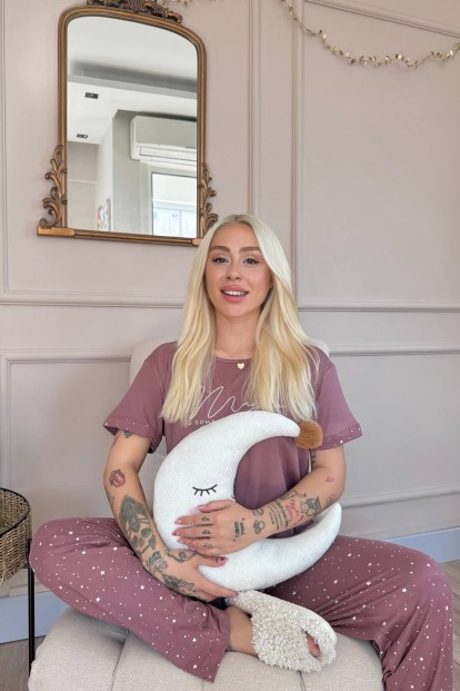 Koyu Pembe Magic Desenli Bambu Kısa Kol Kadın Pijama Takımı - 4