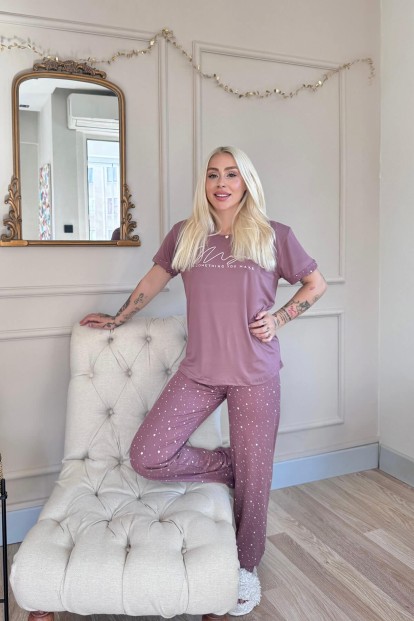Koyu Pembe Magic Desenli Bambu Kısa Kol Kadın Pijama Takımı - 6