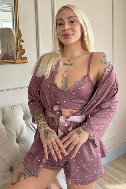 Koyu Pembe Mini Stars Desenli Bambu Crop Sabahlıklı Şortlu Kadın Pijama Takımı - 1