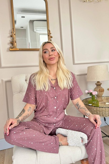 Koyu Pembe Mini Yıldız Desenli Bambu Önden Düğmeli Kısa Kol Pijama Takımı - 4