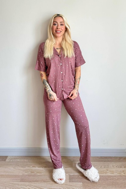 Koyu Pembe Mini Yıldız Desenli Bambu Önden Düğmeli Kısa Kol Pijama Takımı - 6