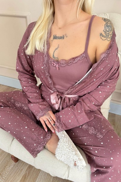 Koyu Pembe Mini Yıldız Desenli Bambu Sabahlıklı Kadın Pijama Takımı - 5