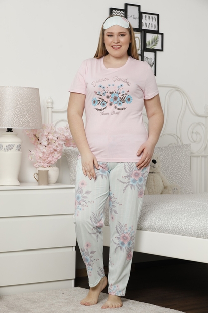 Krem Dream Garen Desenli Kısa Kollu Büyük Beden Battal Pijama Takımı - 2