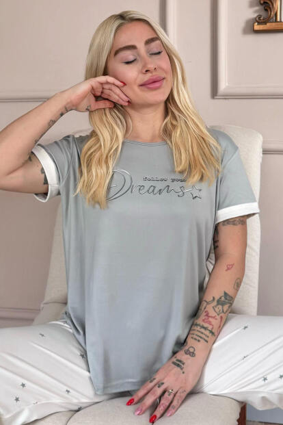 Krem Dreams Desenli Bambu Kısa Kol Kadın Pijama Takımı 