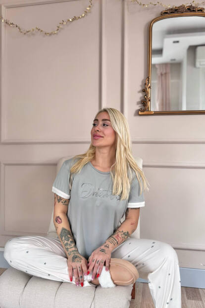Krem Dreams Desenli Bambu Kısa Kol Kadın Pijama Takımı - 3