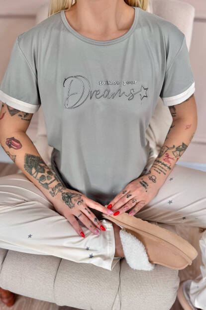 Krem Dreams Desenli Bambu Kısa Kol Kadın Pijama Takımı - 4