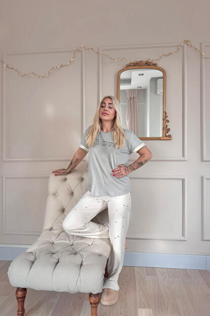 Krem Dreams Desenli Bambu Kısa Kol Kadın Pijama Takımı - 5