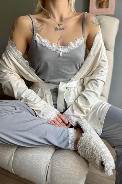 Krem Gri Yıldız Desenli Bambu Sabahlıklı Kadın Pijama Seti - 4