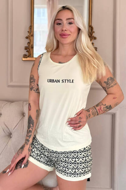 Krem Urban Style Desenli Sıfır Kol Şortlu Örme Kadın Pijama Takımı 