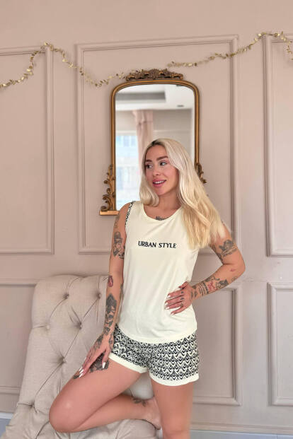 Krem Urban Style Desenli Sıfır Kol Şortlu Örme Kadın Pijama Takımı - 2