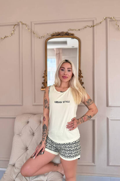 Krem Urban Style Desenli Sıfır Kol Şortlu Örme Kadın Pijama Takımı - 3