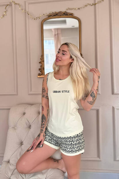 Krem Urban Style Desenli Sıfır Kol Şortlu Örme Kadın Pijama Takımı - 4