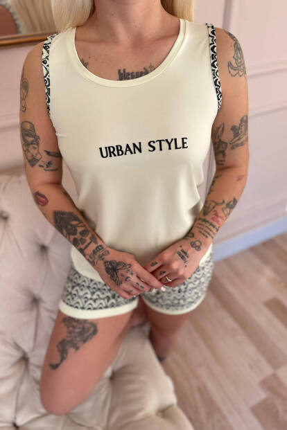 Krem Urban Style Desenli Sıfır Kol Şortlu Örme Kadın Pijama Takımı - 5