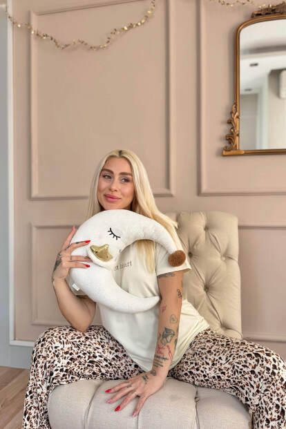 Krem Wild at Heart Desenli Kısa Kollu Örme Kadın Pijama Takımı - 3