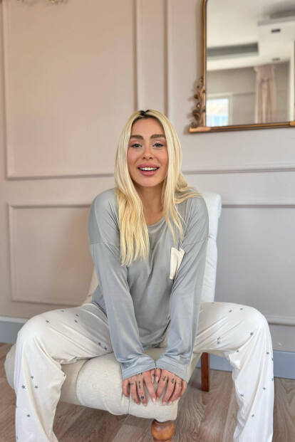 Krem Yıldız Desenli Bambu Uzun Kol Kadın Pijama Takımı - 3