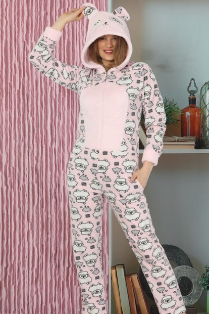 Kuzu Desenli Kadın Polar Peluş Tulum Pijama Takımı - 1