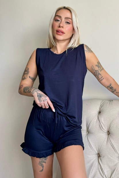Lacivert Basic Kolsuz Askılı Şortlu Kadın Pijama Takımı - 1