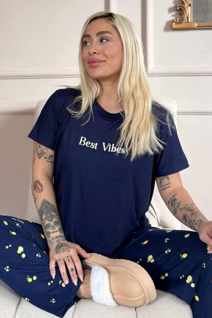 Lacivert Best Desenli Bambu Kısa Kol Kadın Pijama Takımı 