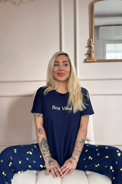 Lacivert Best Desenli Bambu Kısa Kol Kadın Pijama Takımı - 2