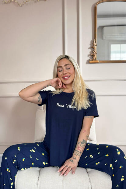 Lacivert Best Desenli Bambu Kısa Kol Kadın Pijama Takımı - 3