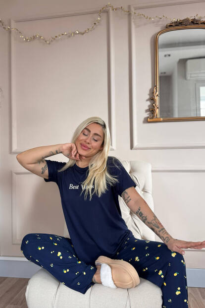 Lacivert Best Desenli Bambu Kısa Kol Kadın Pijama Takımı - 4