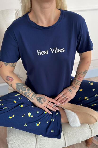 Lacivert Best Desenli Bambu Kısa Kol Kadın Pijama Takımı - 5