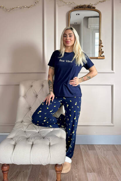 Lacivert Best Desenli Bambu Kısa Kol Kadın Pijama Takımı - 6