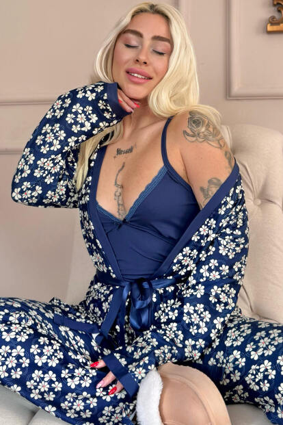 Lacivert Blossom Exclusive Örme Sabahlıklı Kadın Pijama Takım 