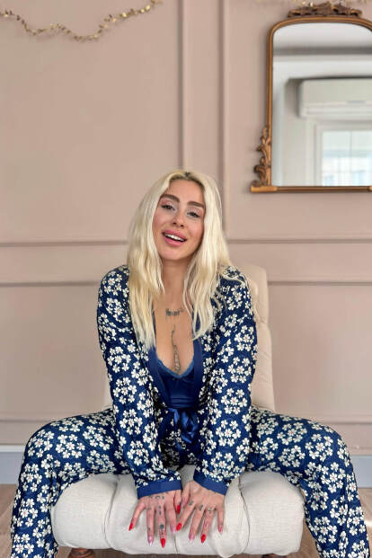 Lacivert Blossom Exclusive Örme Sabahlıklı Kadın Pijama Takım - 2