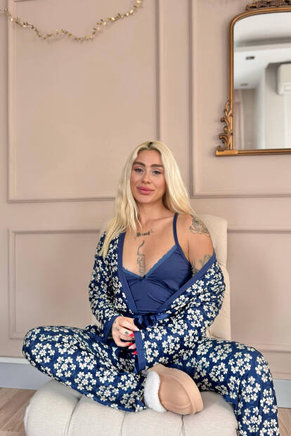 Lacivert Blossom Exclusive Örme Sabahlıklı Kadın Pijama Takım - 3