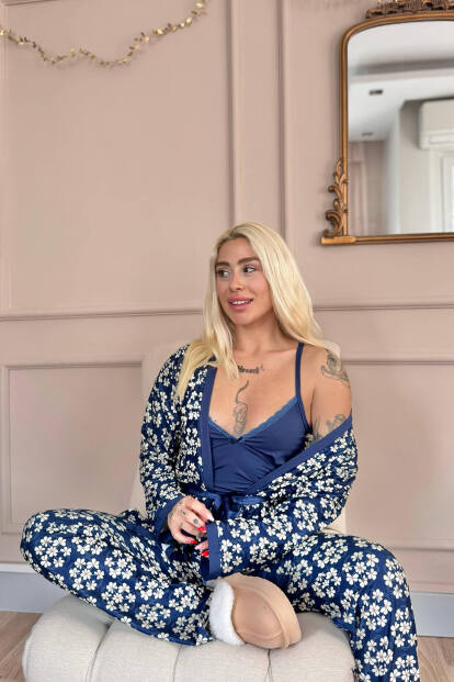 Lacivert Blossom Exclusive Örme Sabahlıklı Kadın Pijama Takım - 4