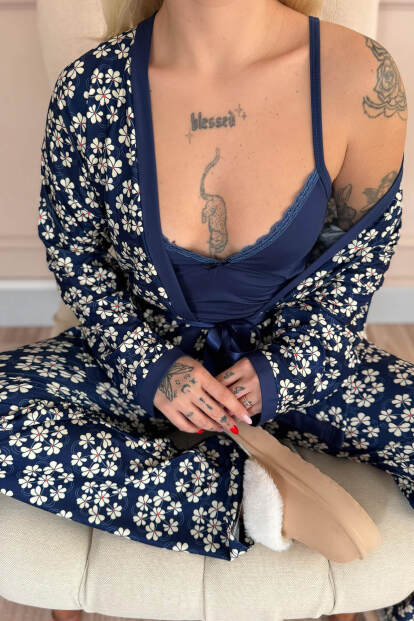 Lacivert Blossom Exclusive Örme Sabahlıklı Kadın Pijama Takım - 5