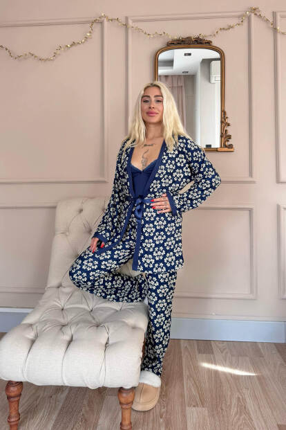 Lacivert Blossom Exclusive Örme Sabahlıklı Kadın Pijama Takım - 6